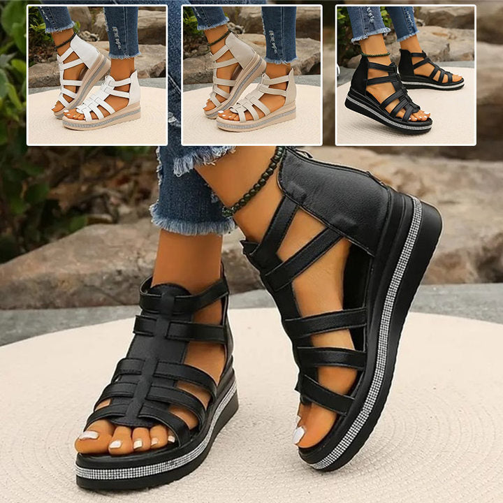 Damen Ledersandalen Mit Riemchen Und Keilabsatz