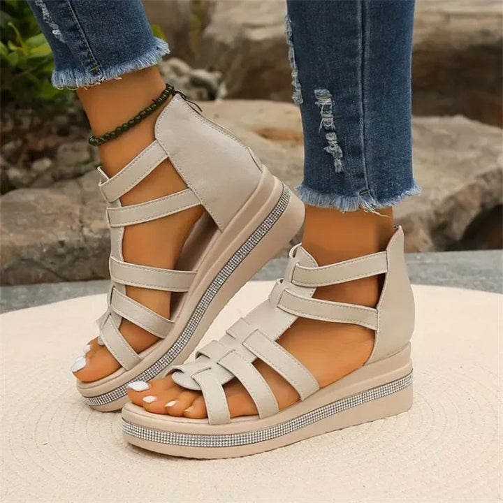 Damen Ledersandalen Mit Riemchen Und Keilabsatz