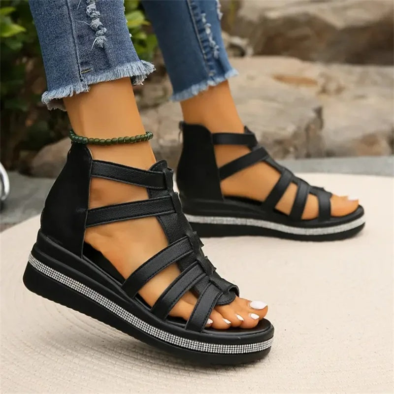 Damen Ledersandalen Mit Riemchen Und Keilabsatz