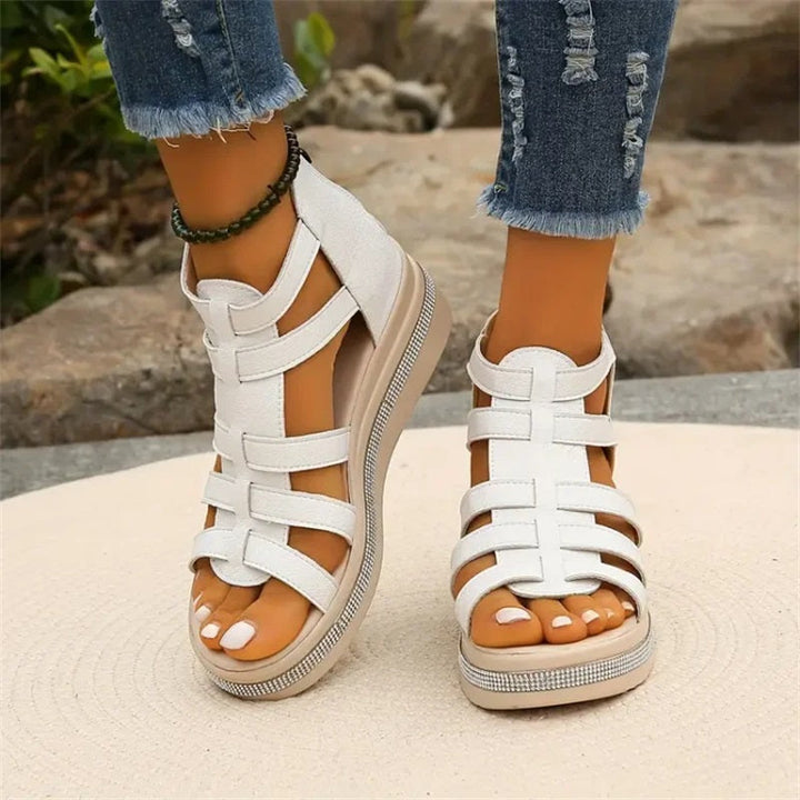 Damen Ledersandalen Mit Riemchen Und Keilabsatz