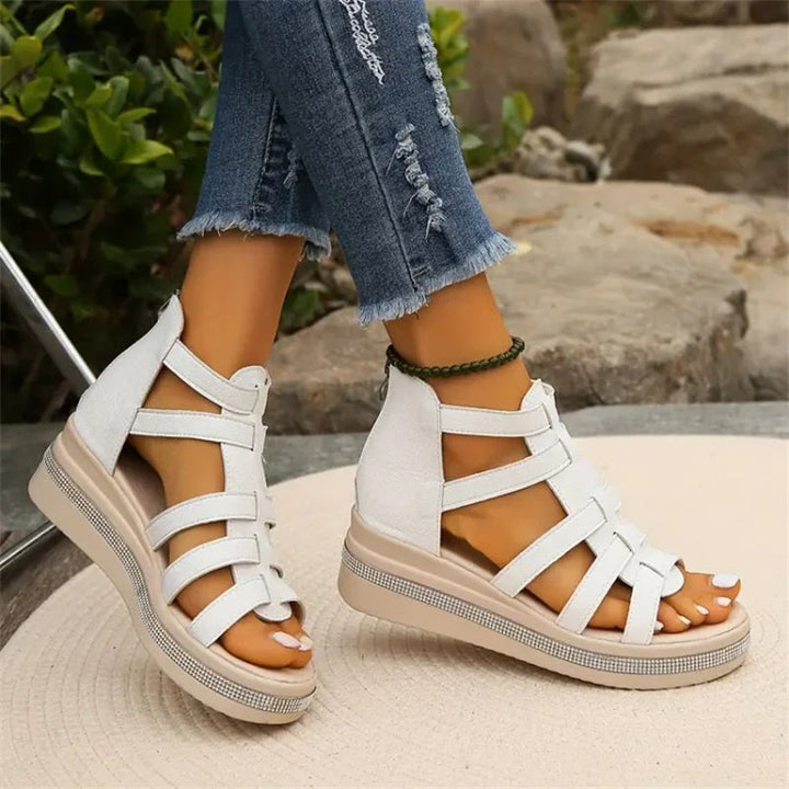 Damen Ledersandalen Mit Riemchen Und Keilabsatz