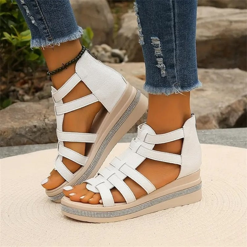 Damen Ledersandalen Mit Riemchen Und Keilabsatz