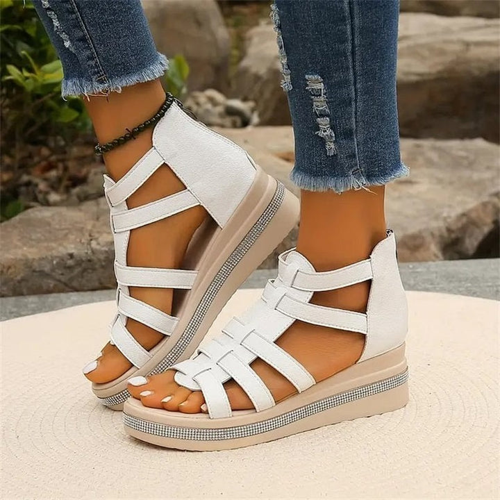 Damen Ledersandalen Mit Riemchen Und Keilabsatz