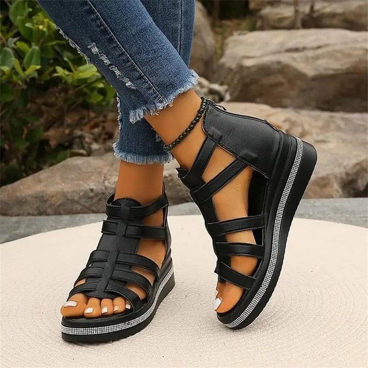 Damen Ledersandalen Mit Riemchen Und Keilabsatz