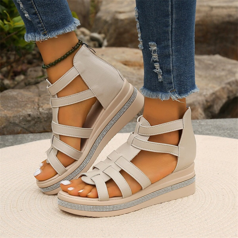 Damen Ledersandalen Mit Riemchen Und Keilabsatz