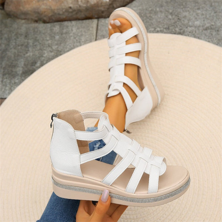 Damen Ledersandalen Mit Riemchen Und Keilabsatz