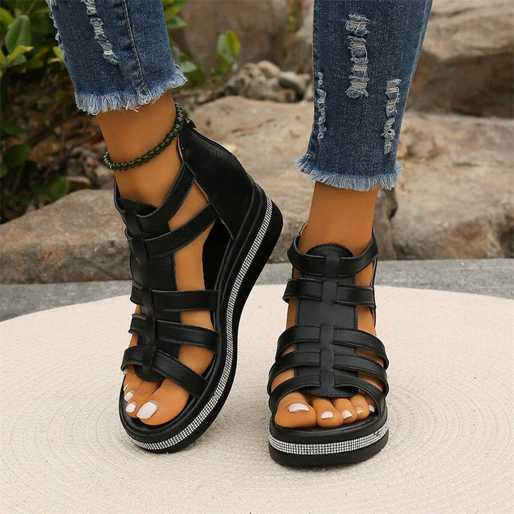 Damen Ledersandalen Mit Riemchen Und Keilabsatz