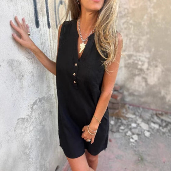 Damen Ärmelloses Geknöpftes Kleid
