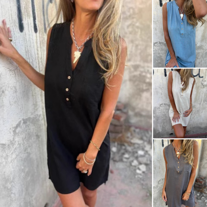 Damen Ärmelloses Geknöpftes Kleid