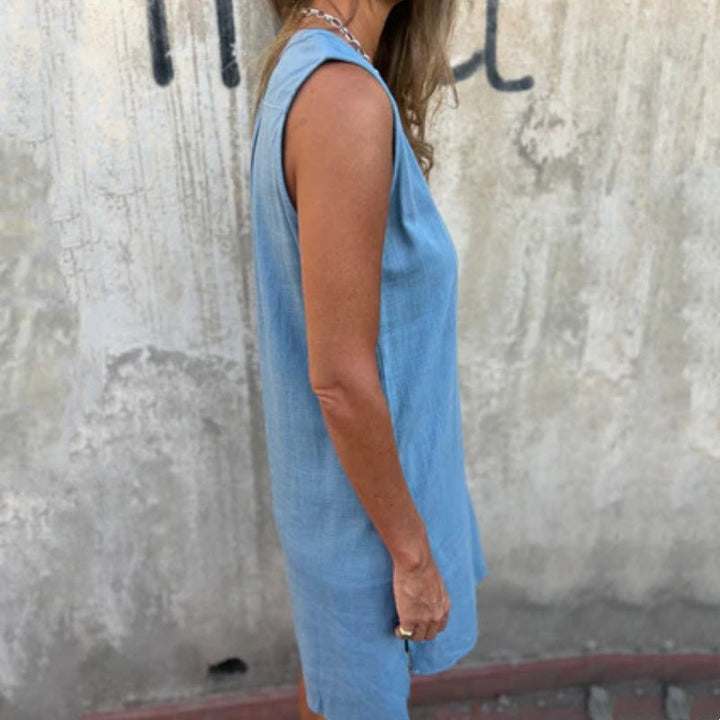 Damen Ärmelloses Geknöpftes Kleid