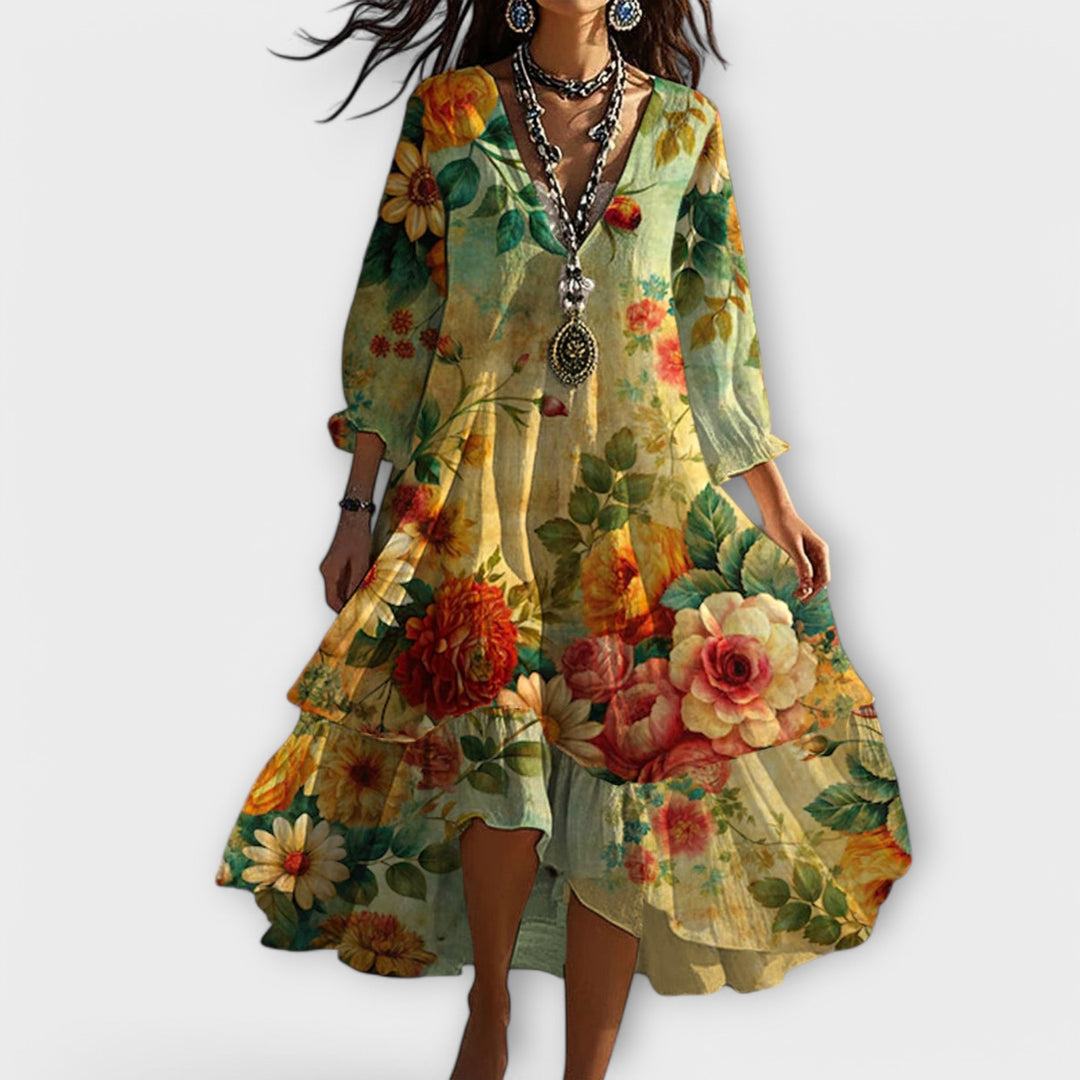 Damen Vintage Blumen Boho Kleid Mit Schwung
