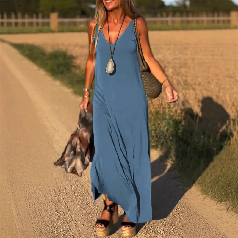 Damen Kleid Mit V Ausschnitt Und Knöchellangem Schnitt