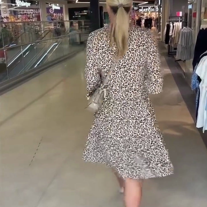 Damen-Trendkleid mit Leopardenmuster, V-Ausschnitt und lockerer Passform