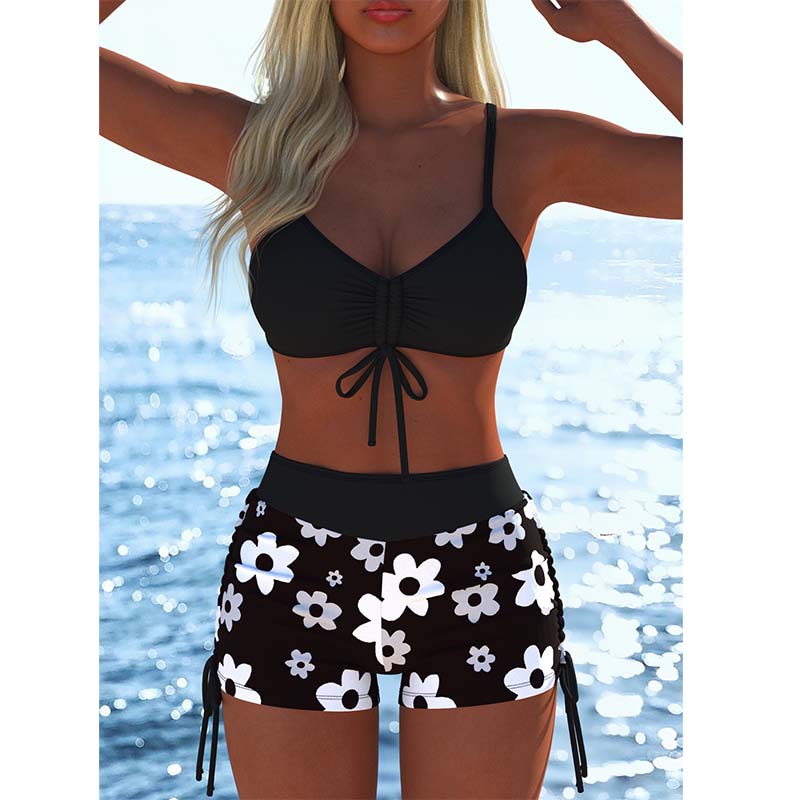 Bikini-Set mit Bindeband & Boyshorts – Zweiteiliger Badeanzug für Strand & Pool