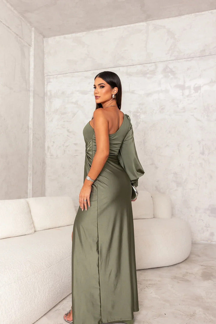 Damen Ein Schulter Langarm Wickelkleid