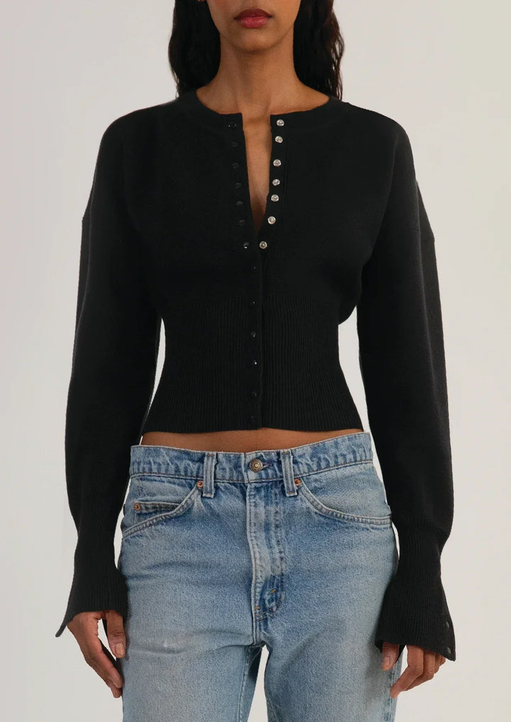 Gerippter, kurzer Damen-Cardigan mit Knöpfen – Figurbetontes Langarm-Strickoberteil