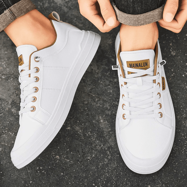 Herren Weiße Leder Sneaker Mit Schnürung – Klassische Freizeit Schuhe