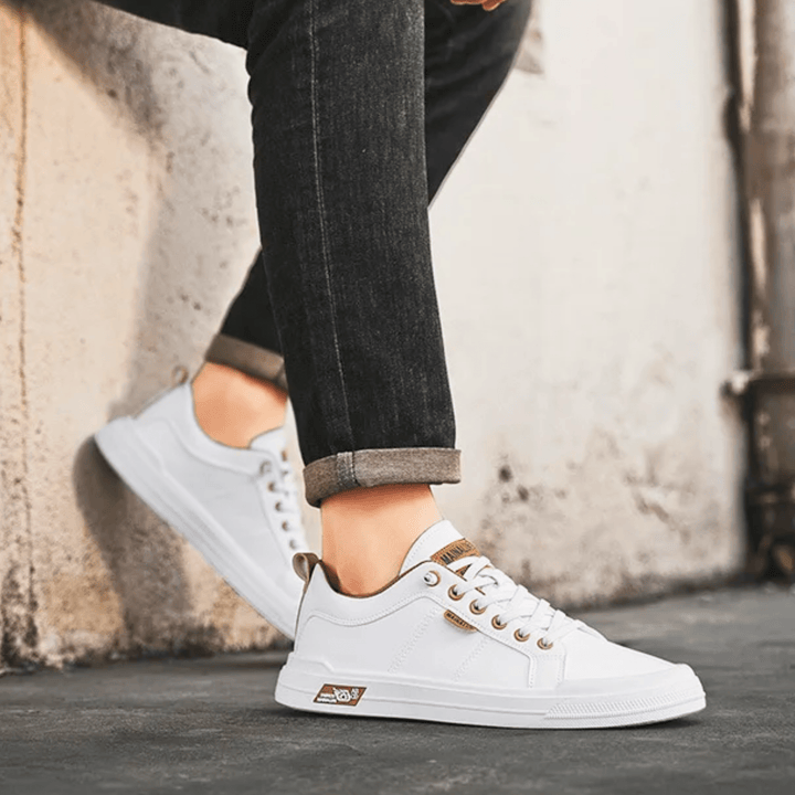 Herren Weiße Leder Sneaker Mit Schnürung – Klassische Freizeit Schuhe