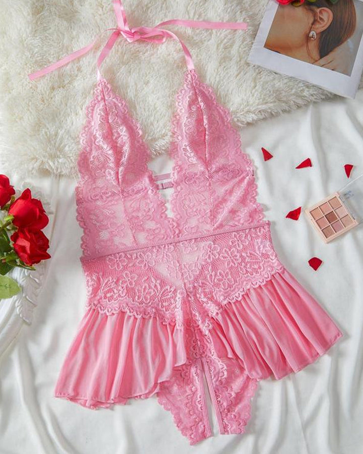 Sexy einfarbiger Spitzenpyjama für Damen